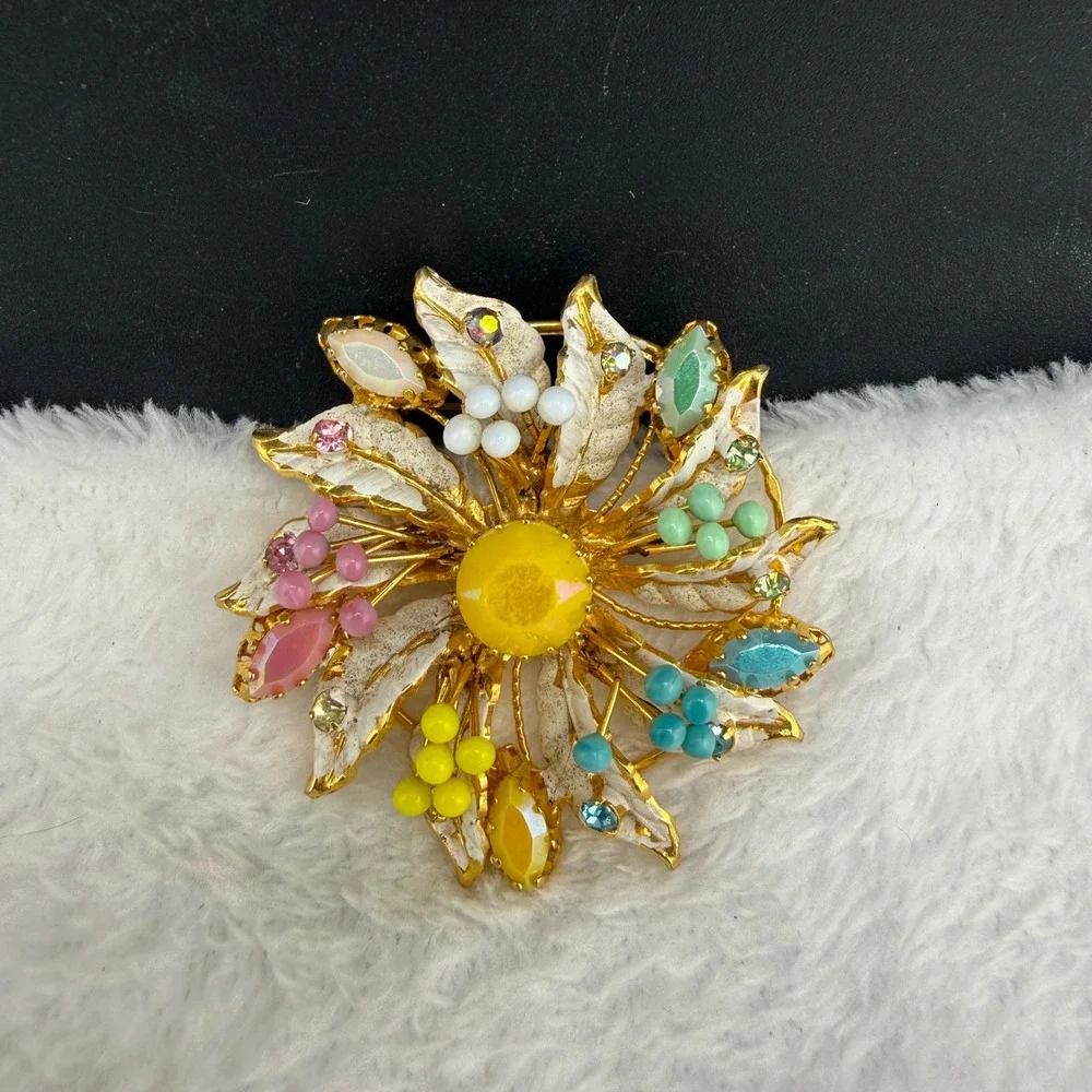 Vintage Rhinestone Flower Brooch Multicolor Enamel Gold Tone